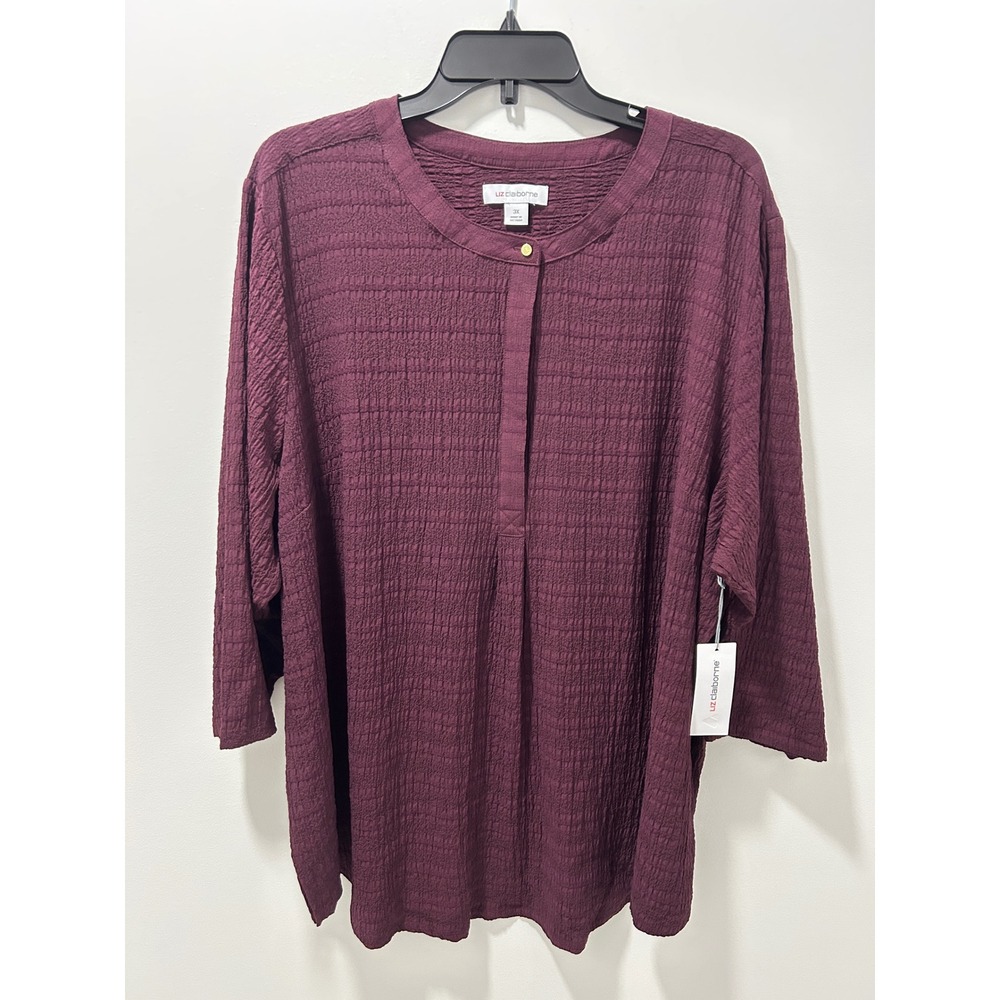 Liz Claiborne NWT Womens 3X Plum Burgundy Textured‎ 3/4 Sleeve Blouse Top